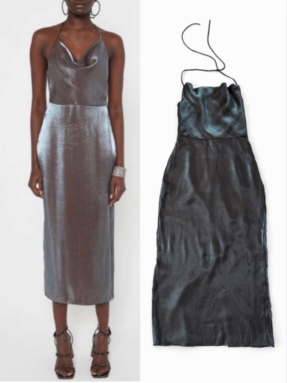 NWT Zara Metallic Slip Dress Goth Feminine Halter Backless Blue Brown Satin club